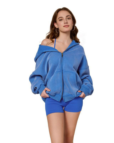 The Effortless Oversized Zip Hoodie - BLUE CREAM